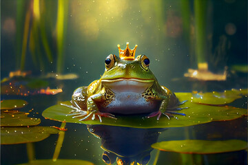 Enchanted Cute Frog on Lilly Pad. Generative ai - obrazy, fototapety, plakaty