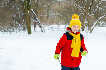 Fototapeta na wymiar Happy boy running in winter park.