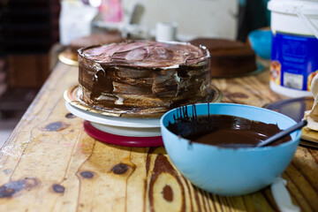 Making of chocolate cake. Small baking business.