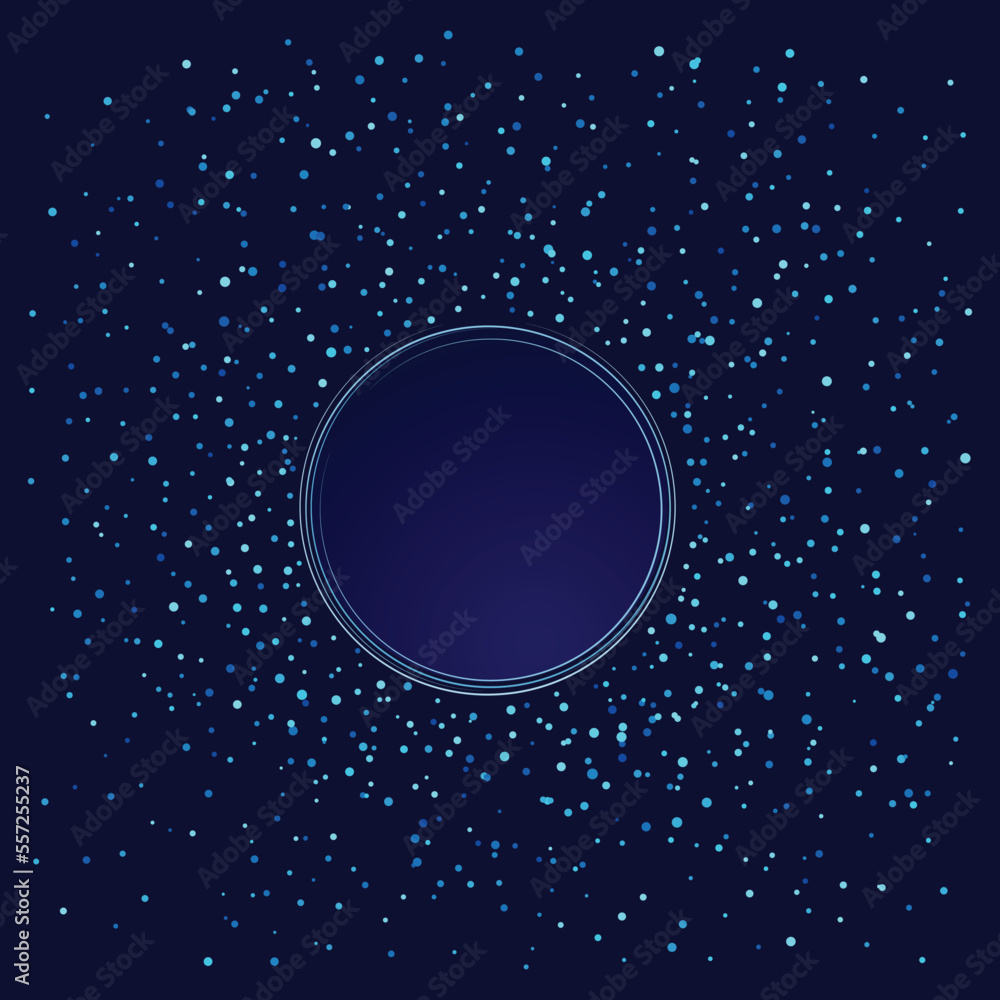 Poster blue backdrop with lines, circle and dots. luxury frame with confetti for any background.