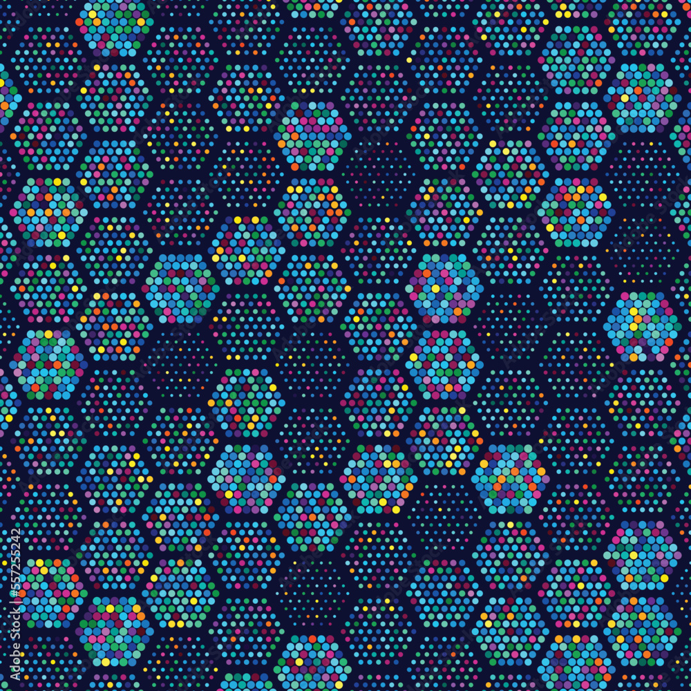 Poster abstract halftone hexagon background. different sizes dots in shapes. blue, green, orange dots.