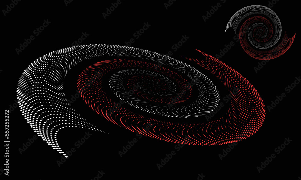 Poster Abstract dotted vector background. Halftone effect with red and white dots. Spiral dotted background or icon. Yin and yang style. Circle with perspective.