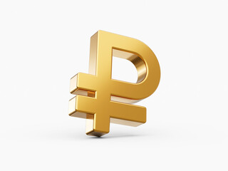 Fototapeta premium Shiny golden Russian Ruble currency symbol. 3d illustration isolated on white background