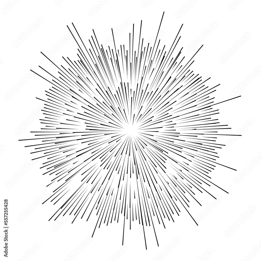 Aufkleber Radial speed lines in circle for comic books. Fireworks explosion background. Starburst round logo. Circular design element. Abstract Geometric star rays.