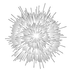 Radial speed lines in circle for comic books. Fireworks explosion background. Starburst round logo. Circular design element. Abstract Geometric star rays.