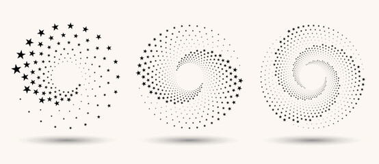 Modern abstract background. Halftone stars in circle form. Round logo. Vector dotted frame. Design element or icon. Yin and yang symbol style.