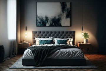 interior of a modern bedroom with a king size double bed - obrazy, fototapety, plakaty