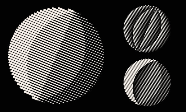 Circles set with parallel lines as logo or icon. White minimal geometry over black background.