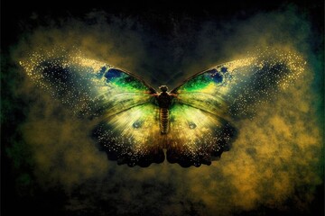  a butterfly with green wings flying through the air with a yellow background and a black background with a green and yellow butterfly. Generative AI