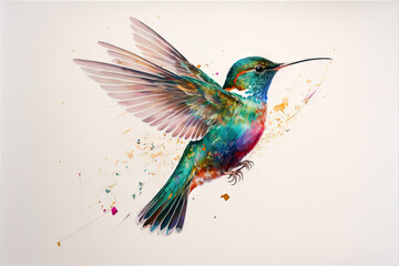  a colorful bird with a long beak flying through the air with its wings spread out and its wings spread wide. Generative AI - obrazy, fototapety, plakaty