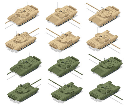 Isometric Main battle tank. The T-90 is a third-generation Russian main battle tank. It uses a 125 mm 2A46 smoothbore main gun. Russian military tank T-90