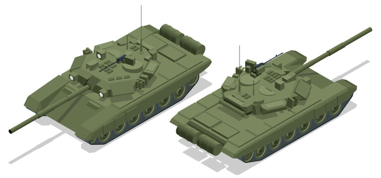 Isometric Main battle tank. The T-90 is a third-generation Russian main battle tank. It uses a 125 mm 2A46 smoothbore main gun. Russian military tank T-90