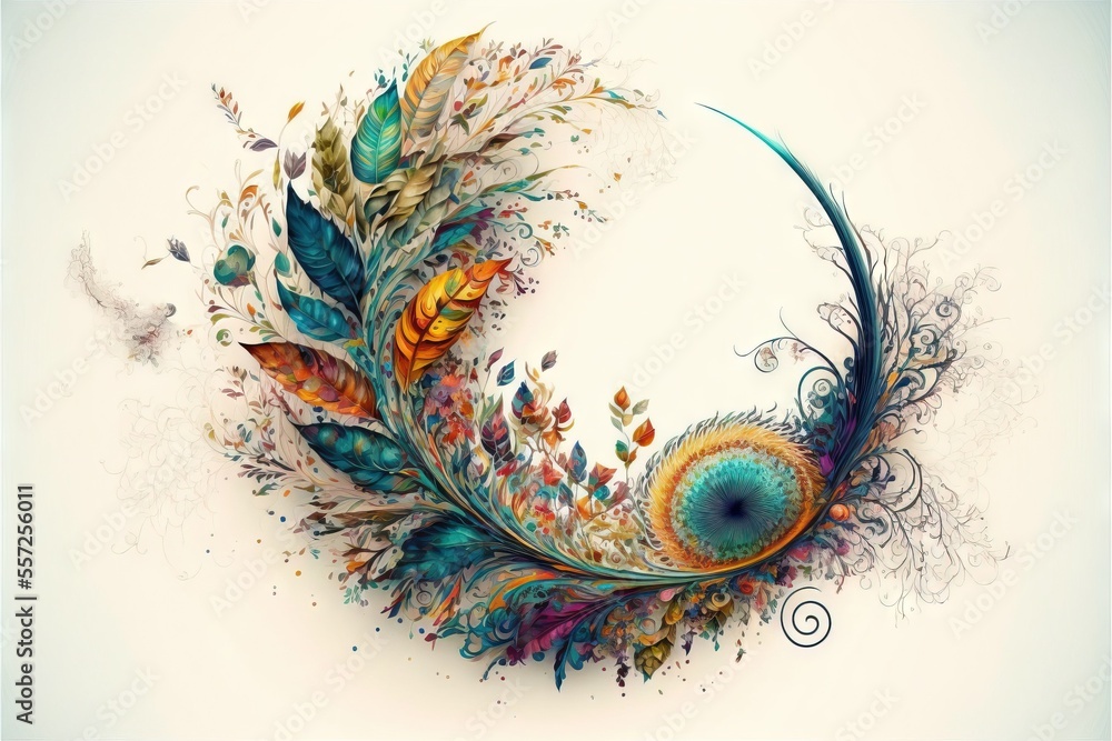 Poster a painting of a peacock with feathers on it's back and a swirly tail on its back. generative ai
