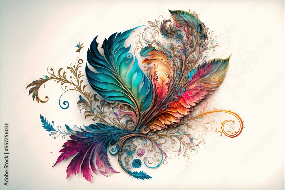 Poster a colorful bird with a long tail and a flower design on it's back side. generative ai