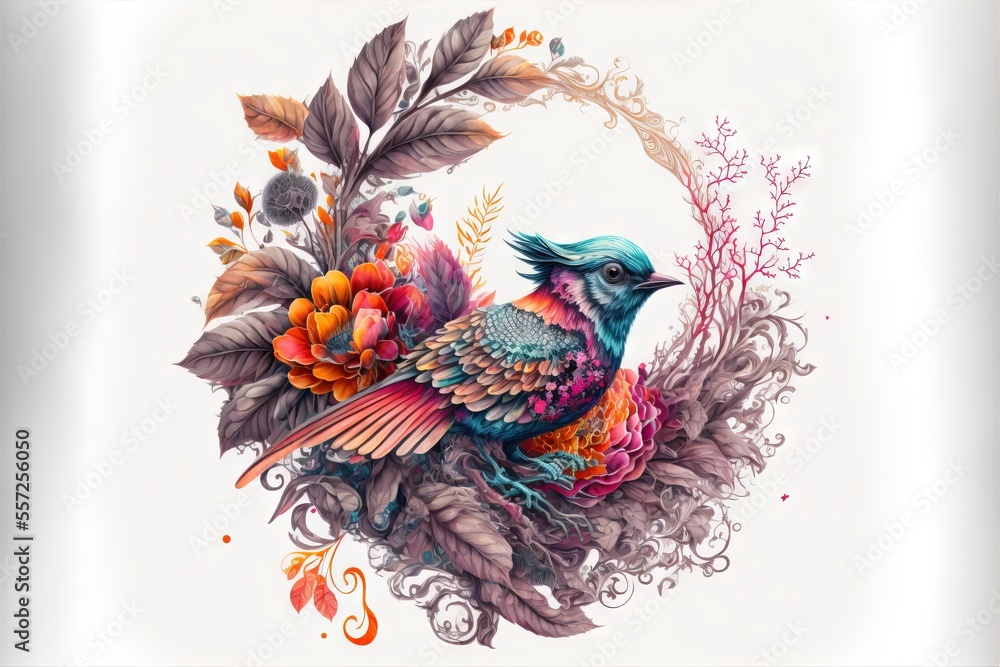 Poster a bird with a colorful plumage sits on a branch with flowers and leaves around it. generative ai