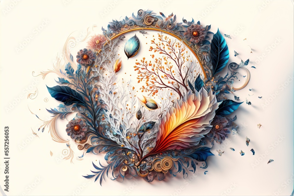 Poster  a painting of a tree with leaves and a bird on it's back and a circle with a tree on it. Generative AI