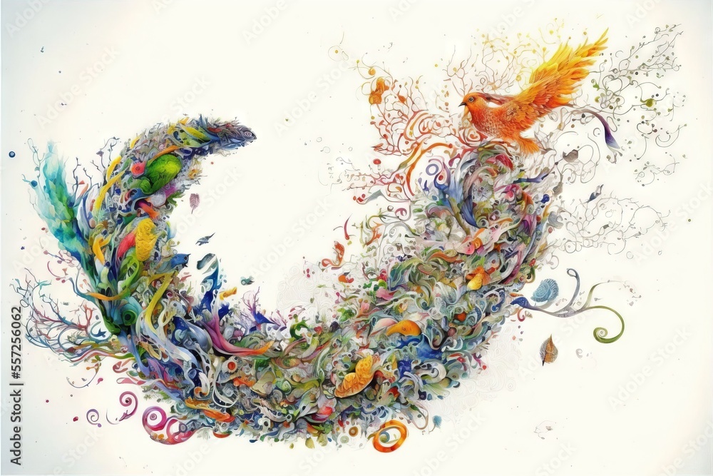 Poster a painting of a bird with a colorful tail and tail feathers on it's back. generative ai