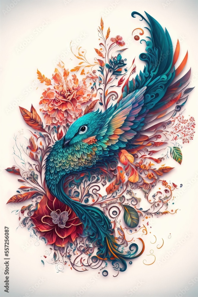 Poster a bird with colorful feathers and flowers on it's back side. generative ai