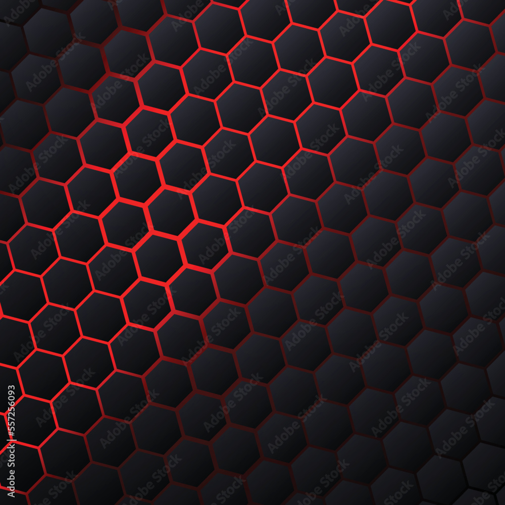 Poster Abstract hexagonal background with red light. Cyber game backdrop.