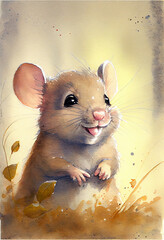 Adorable tiny Happy Mouse in Digital Watercolor. Generative ai