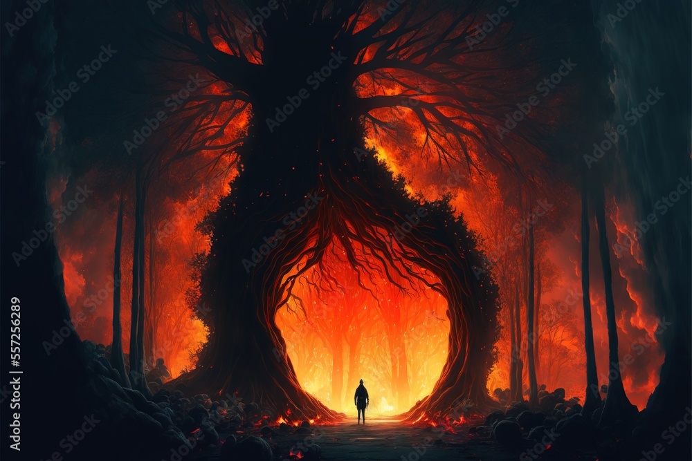 Poster a man standing in a dark forest with a giant fireball in the background and a huge tree in the foreg