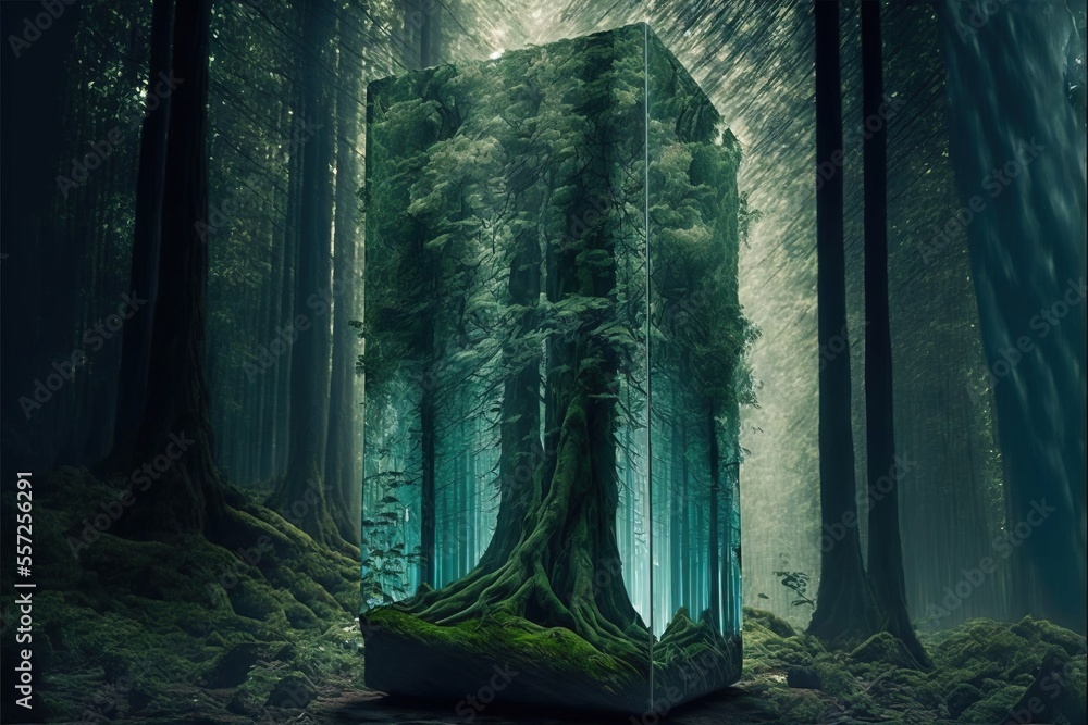 Poster a forest with a large tree in the middle of it and a giant box in the middle of the forest. generati