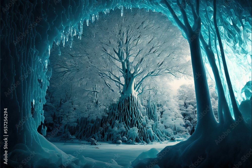 Poster a painting of a tree in a snowy forest with ice hanging from it's branches and ice hanging from the 