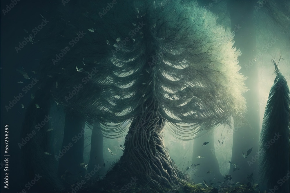Poster a painting of a forest with a tall tree in the middle of it and birds flying around it in the air. g