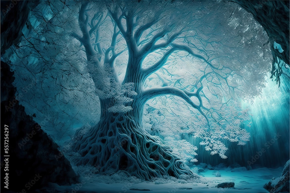 Poster a painting of a tree in a snowy forest with a light shining through the branches and snow on the gro