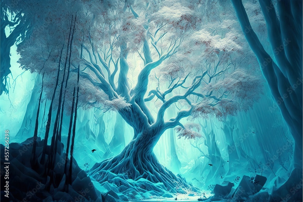 Poster a painting of a tree in a forest with a stream running through it and a bird flying over it. generat