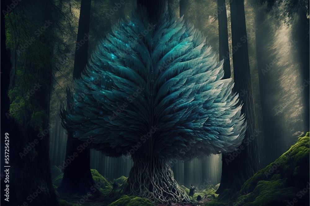 Poster a blue tree in a forest with moss growing on the ground and trees in the background with light comin