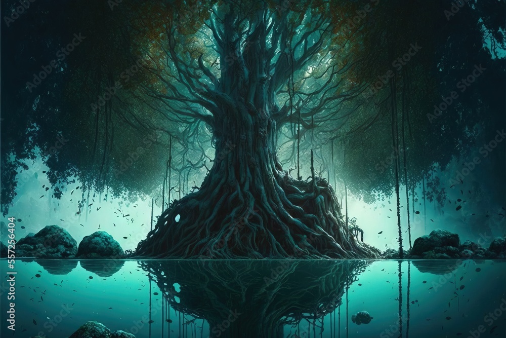 Poster a tree with a lot of roots in the water and a reflection of it in the water below it. generative ai