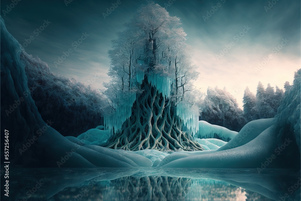 Poster a painting of a frozen lake with a tree in the middle of it and ice formations on the water. generat