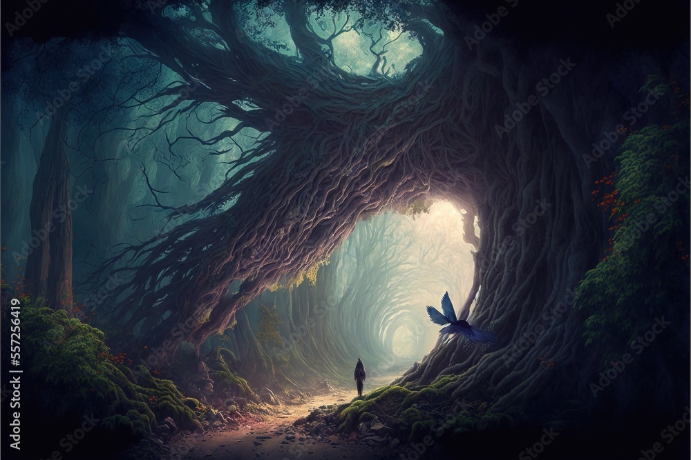Poster a person standing in a dark forest with a bird in the middle of it's path. generative ai
