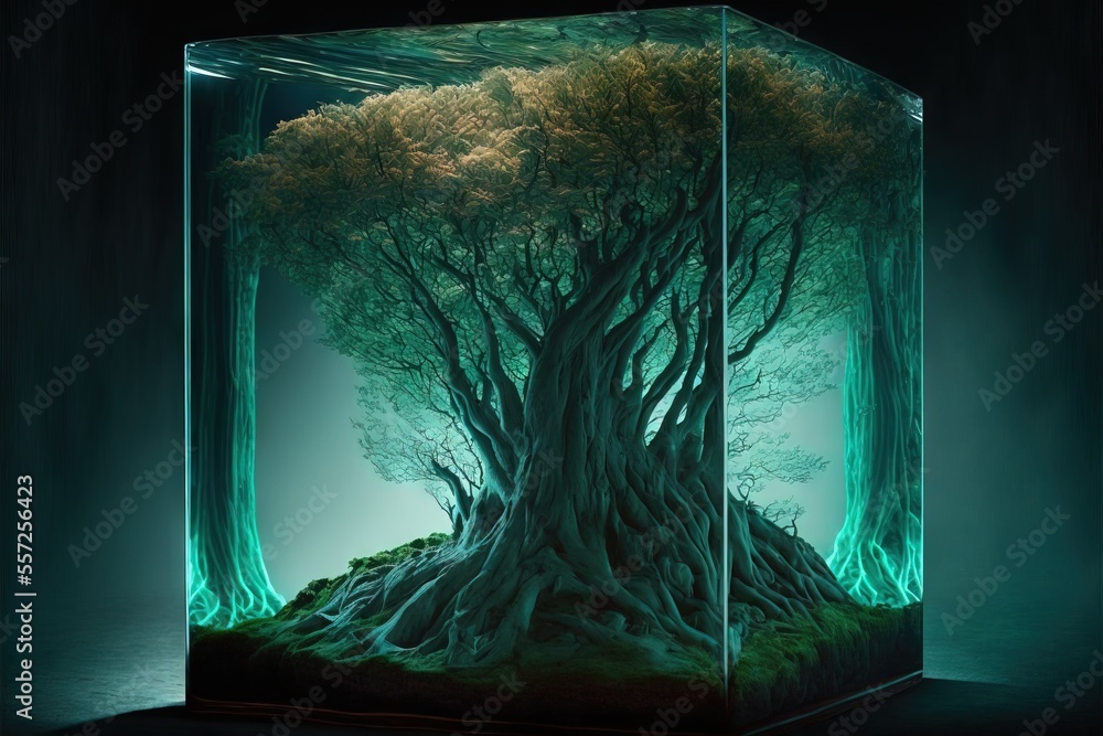 Poster a glass box with a tree inside of it, illuminated by a light inside the box the tree is surrounded b