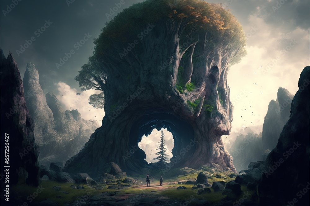 Poster a man standing in a cave in the middle of a forest with a giant tree on top of it. generative ai