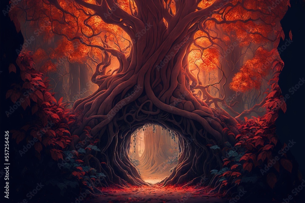 Poster a painting of a tree with a tunnel in the middle of it with red leaves on the ground and a light at 