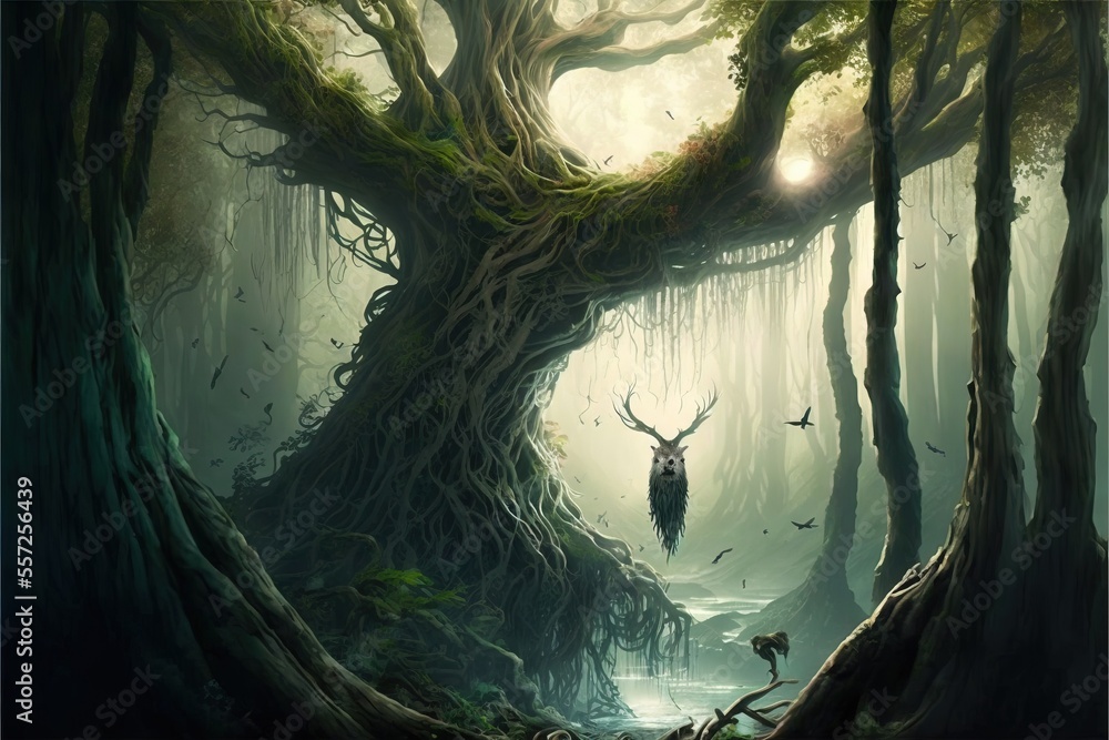 Poster a painting of a forest with a man in the middle of it and a tree trunk in the foreground. generative