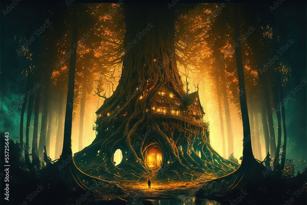 Poster a tree house in the middle of a forest with a man standing in front of it and a fire coming out of t