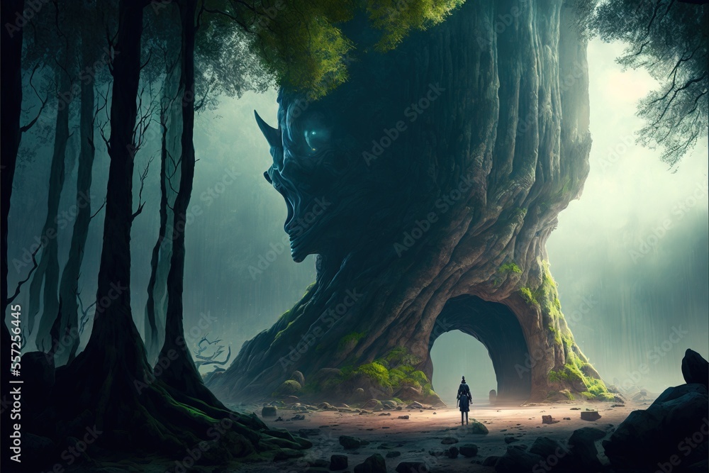 Poster a man standing in front of a giant tree in a forest with a giant face on it's trunk. generative ai