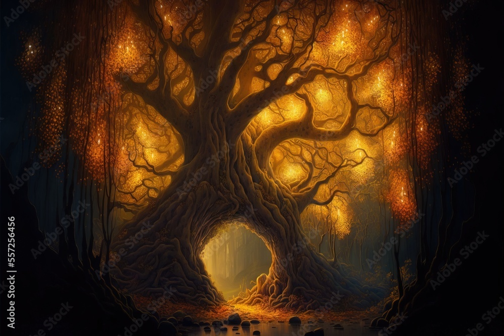 Poster a painting of a tree with a light coming from it's trunk and a person standing in the middle of the 