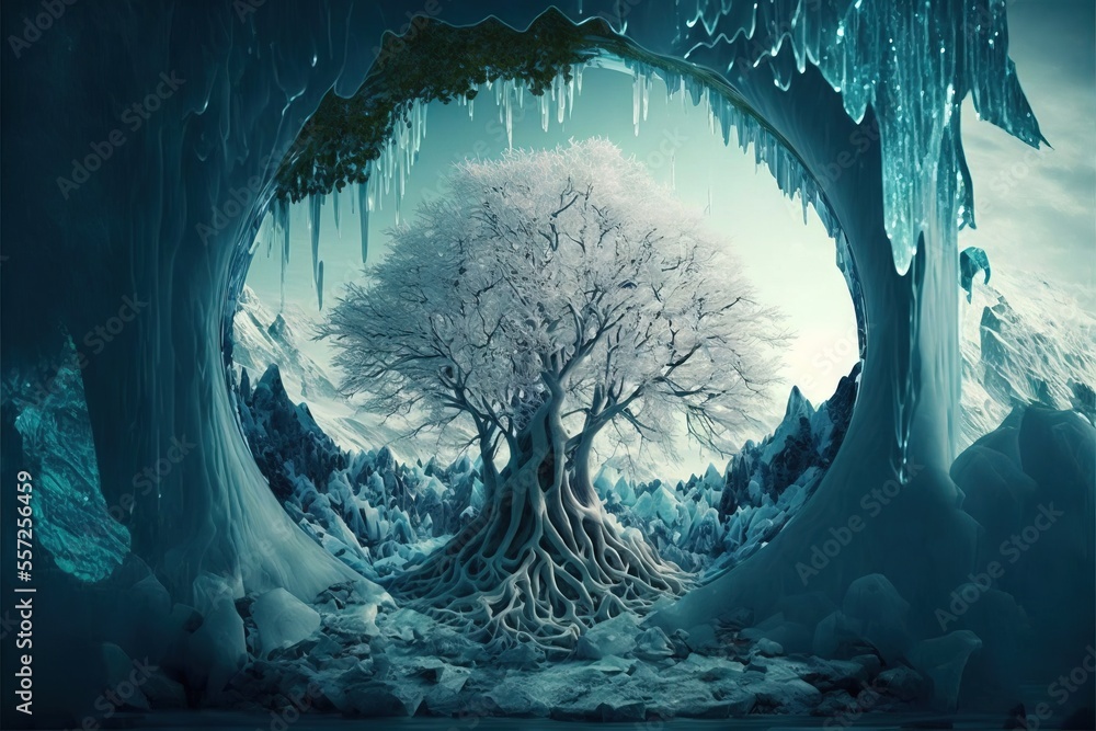 Poster a tree in a cave with ice hanging from it's sides and a frozen mountain in the background. generativ