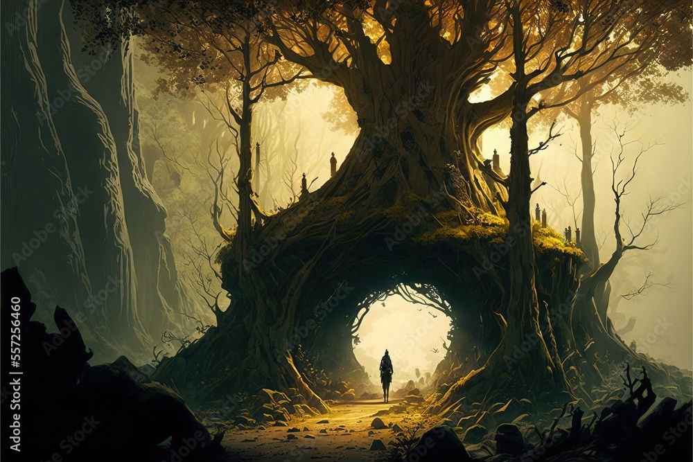 Poster a man standing in a dark forest with a giant tree on the side of it and a man walking into the entra