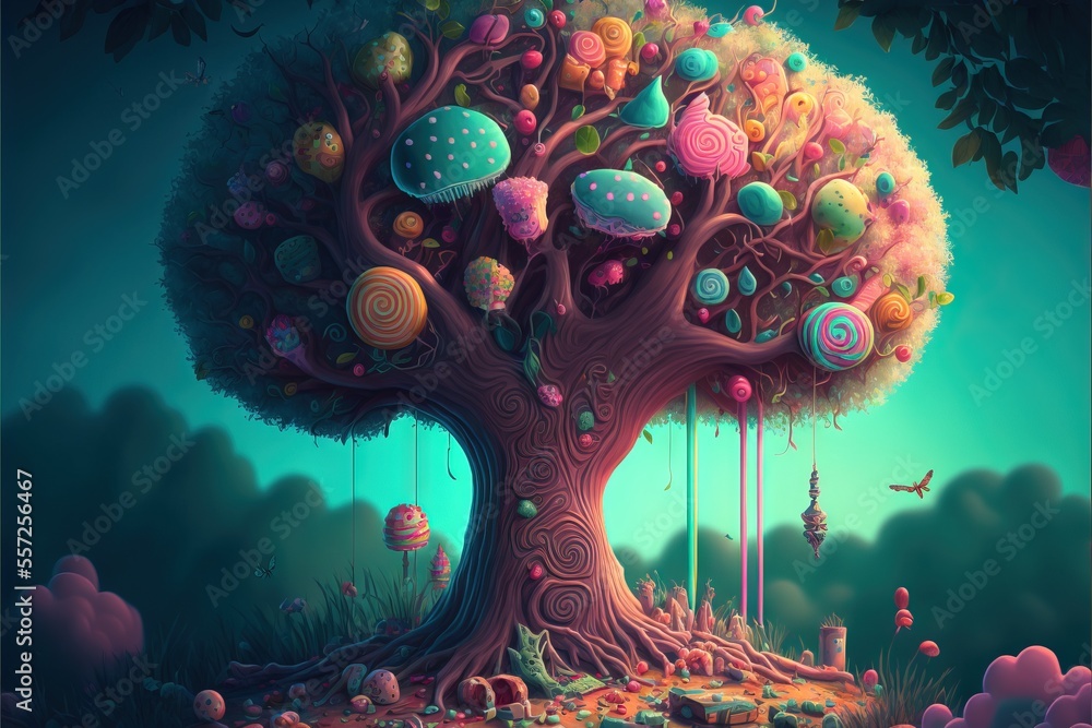 Poster a tree with many different colored candies on it's trunk and a bird flying by it's side. generative 