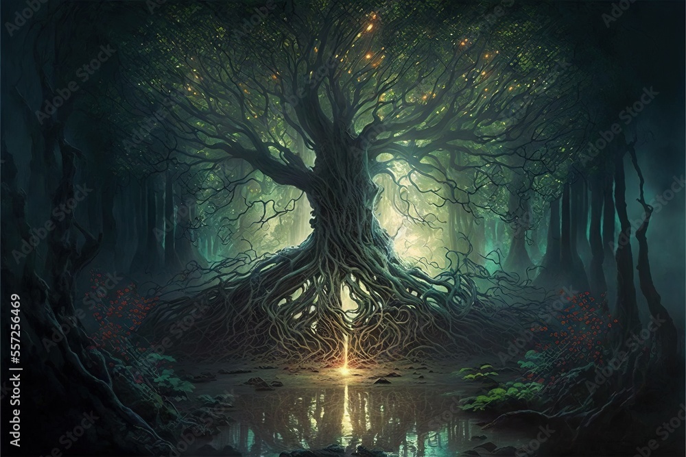 Poster a tree with roots growing out of it in a forest with a lake in the middle of it and a light shining 