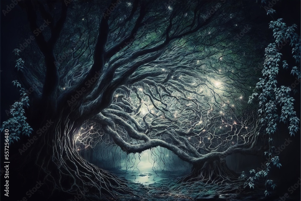 Poster a painting of a tree with its roots hanging down and a light shining in the distance in the middle o