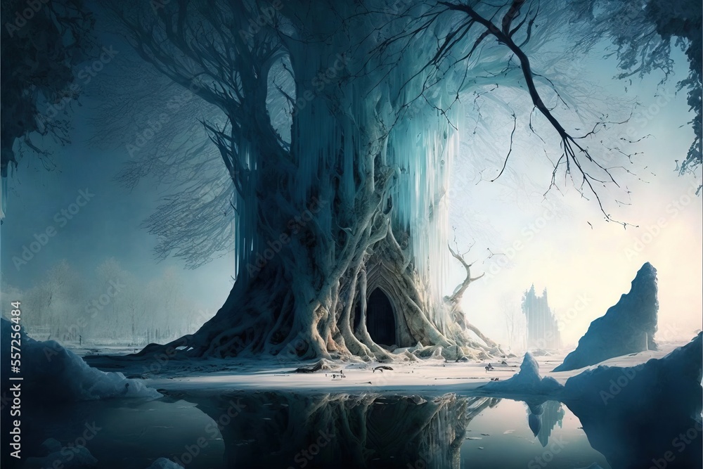 Poster a tree with a frozen lake in front of it and a castle in the background with a foggy sky. generative