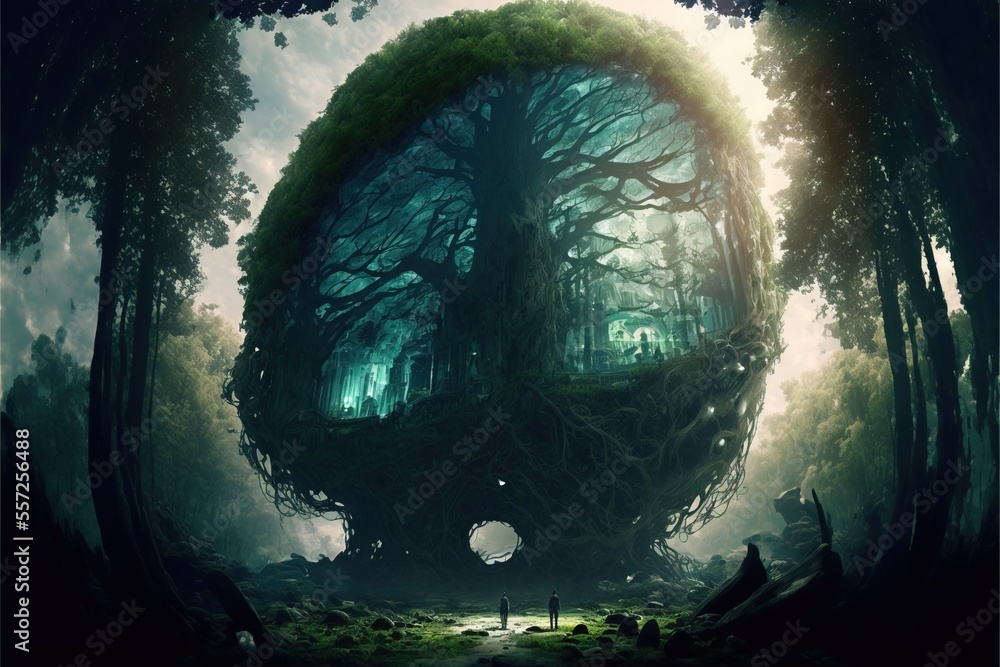 Aufkleber a digital painting of a forest with a giant tree in the middle of it's trunk and a man standing in t