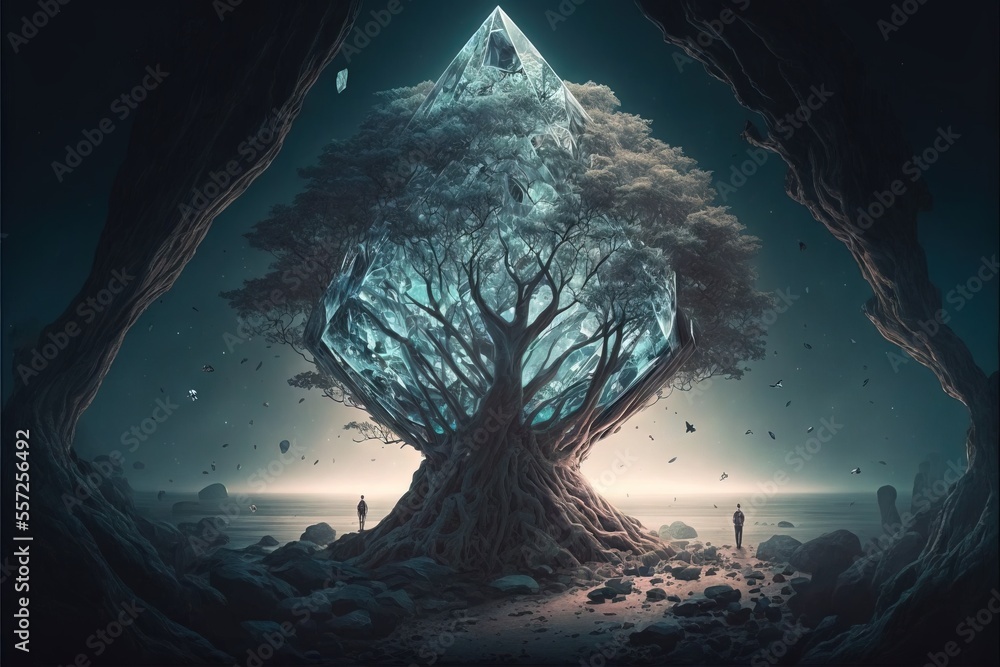 Poster a tree with a pyramid shaped structure in the middle of it. generative ai