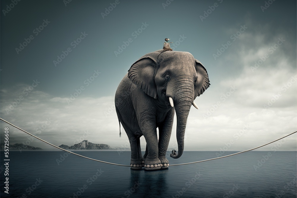 Poster an elephant standing on a rope in the middle of the ocean with a bird on its back and a sky backgrou